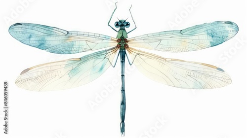 A delicate watercolor clipart of a damselfly resting on a white background