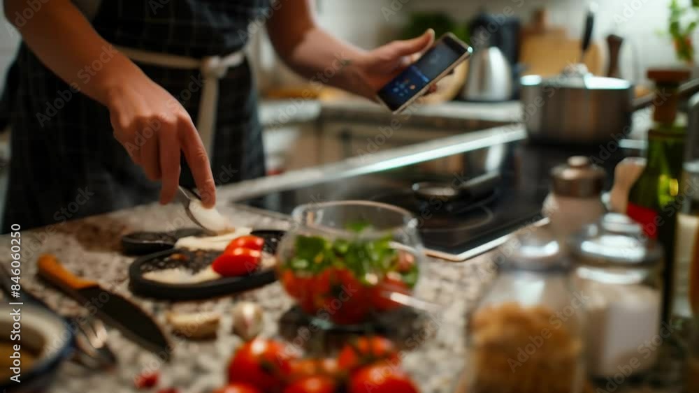 Home chef preparing a meal in a modern kitchen, using a smartphone for recipe guidance. Fresh ingredients, including meat, cherry tomatoes, and spices, are neatly arranged on the counter. Home chef preparing a meal in a modern kitchen, using a smartphone for recipe guidance. Fresh ingredients, including meat, cherry tomatoes, and spices, are neatly arranged on the counter.