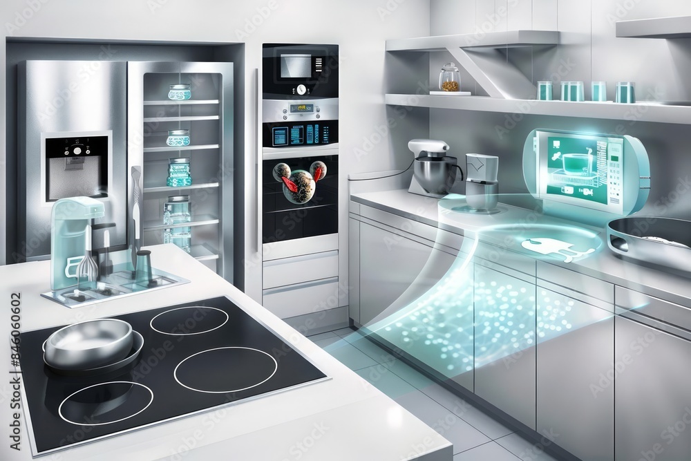 A hightech kitchen equipped with smart refrigerators and automated cooking systems A hightech kitchen equipped with smart refrigerators and automated cooking systems