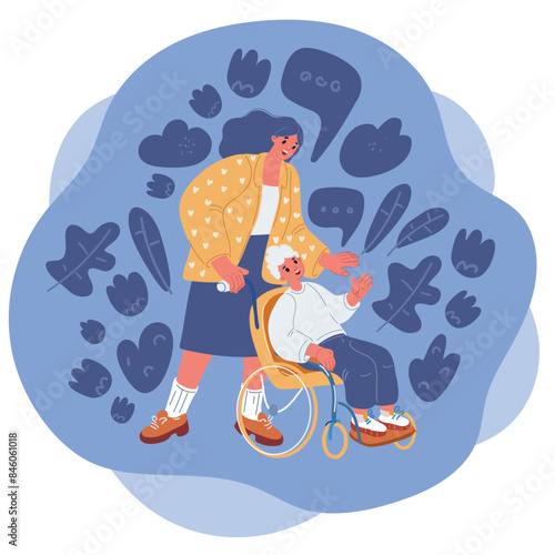 Cartoon vector illustration of woman with son in wheelchair