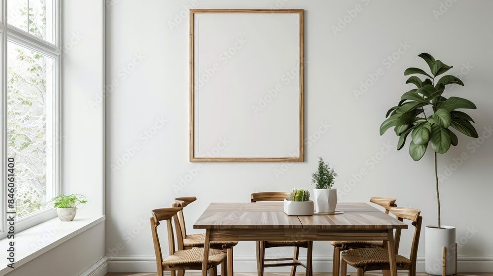 Fototapeta premium A minimalist dining area with a large mockup frame as the focal point