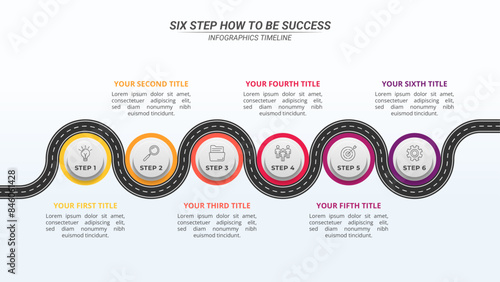 Horizontal Road Timeline Infographic with 6 Steps and Editable Text on a 16:9 Layout for Business Presentations, Management, and Evaluation.