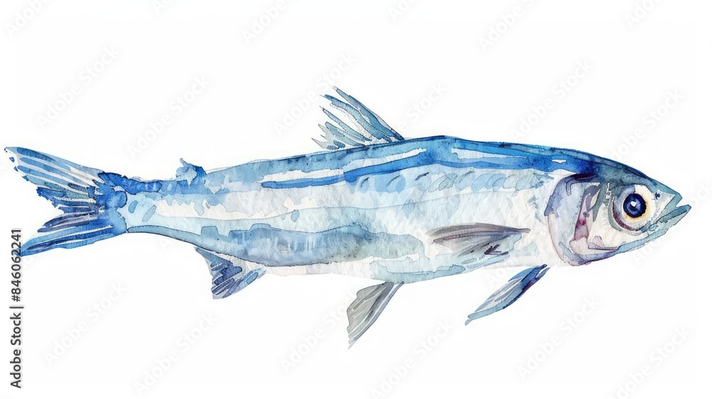 Fototapeta premium A tiny watercolor clipart of an anchovy in shades of silver on a white background