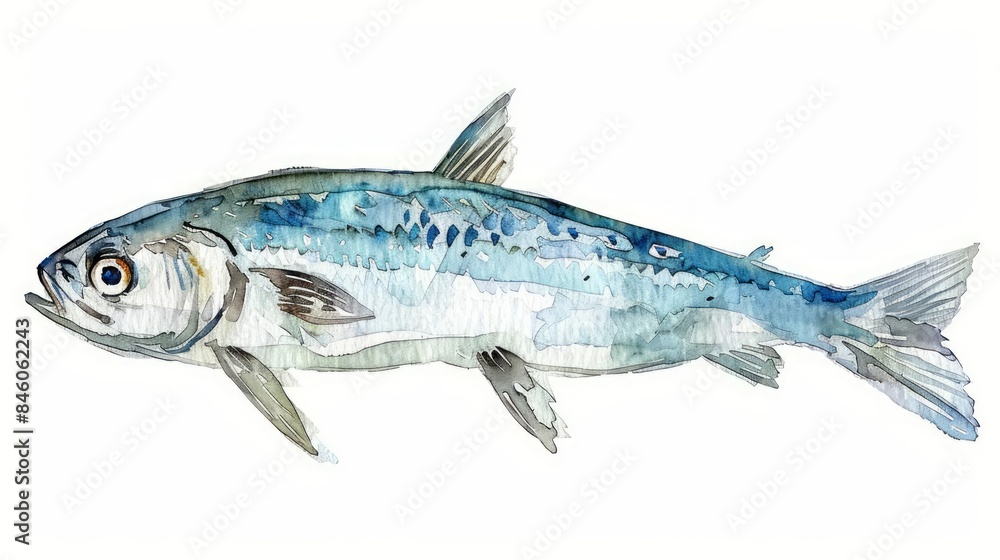 A tiny watercolor clipart of an anchovy in shades of silver on a white background A tiny watercolor clipart of an anchovy in shades of silver on a white background