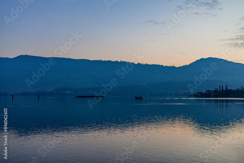 Holzbrücke Rapperswil-Hurden Bridge crossing Lake Obersee in Switzerland.