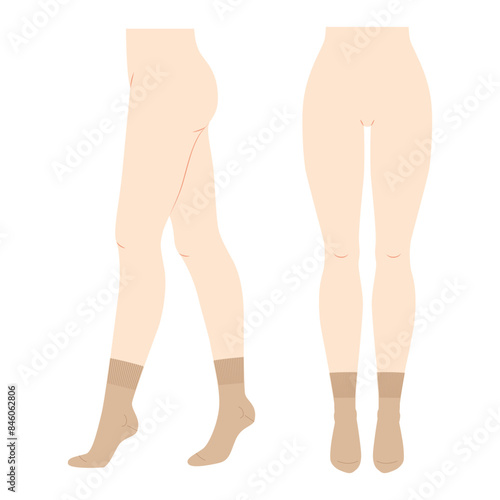 Crew Socks Set on women legs. Hosiery Fashion accessory clothing technical illustration stocking. Vector front, side view, flat template mockup sketch outline isolated on white background