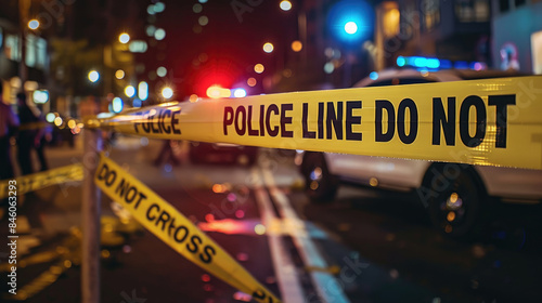 Police line not cross on a background of a police car in the dark with full array of lights and tactical lights