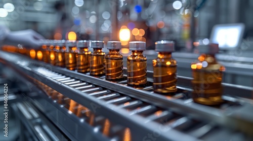 Wallpaper Mural pharmacist wearing protective sanitary gloves examining medical vials on production line conveyor belt in medical healthcare mass production factory. Torontodigital.ca