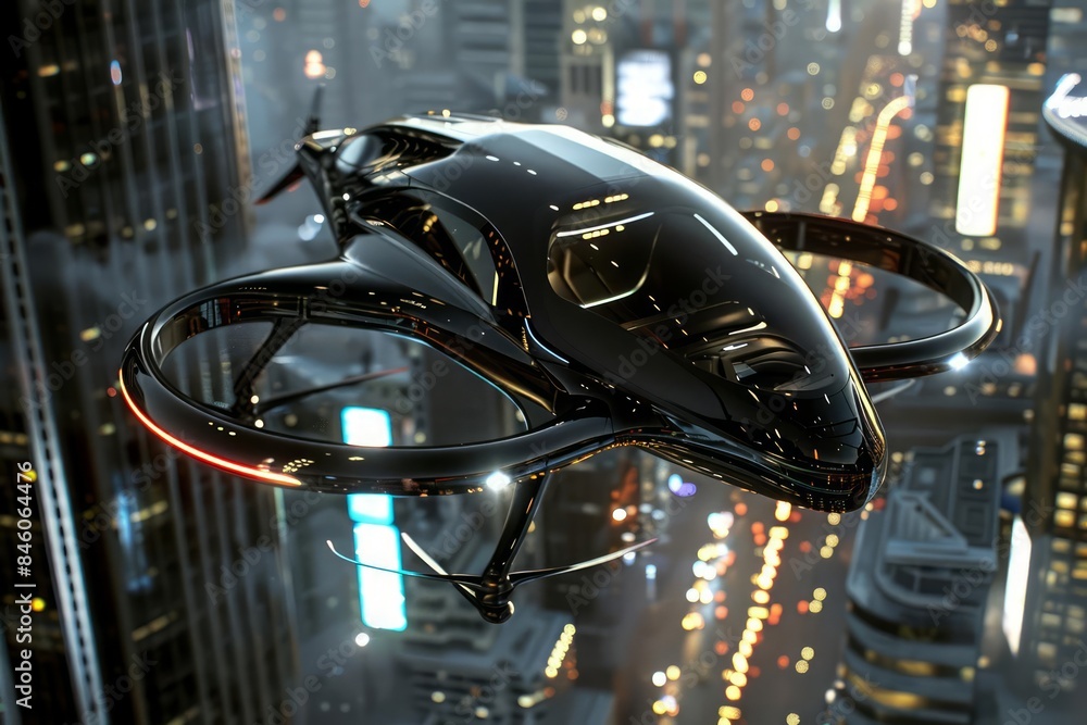 Fototapeta premium Personal air vehicles using vertical takeoff and landing VTOL technology in a futuristic transport model