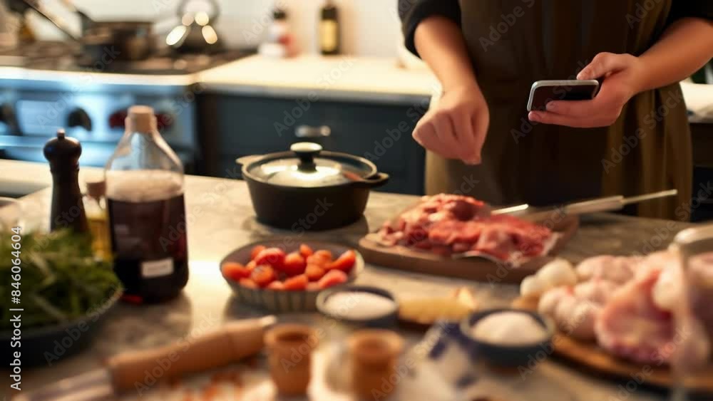 Home chef preparing a meal in a modern kitchen, using a smartphone for recipe guidance. Fresh ingredients, including meat, cherry tomatoes, and spices, are neatly arranged on the counter. Home chef preparing a meal in a modern kitchen, using a smartphone for recipe guidance. Fresh ingredients, including meat, cherry tomatoes, and spices, are neatly arranged on the counter.