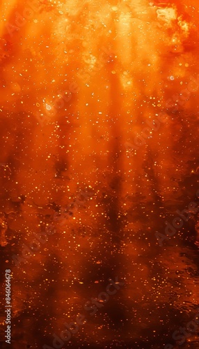 Abstract asymmetric orange light burst on dark orange background with peach and golden sparkles