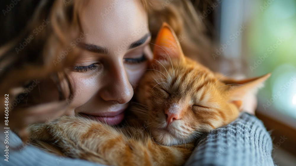 Heartwarming close-up of a young woman with curly hair snuggling with her affectionate ginger cat, capturing a moment of pure love and companionship in a cozy home setting. Generative AI. Heartwarming close-up of a young woman with curly hair snuggling with her affectionate ginger cat, capturing a moment of pure love and companionship in a cozy home setting. Generative AI.