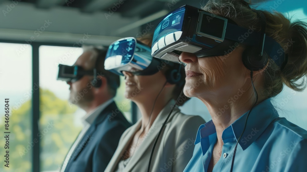 Virtual reality being used for global team building and training in a conceptual hightech business Virtual reality being used for global team building and training in a conceptual hightech business