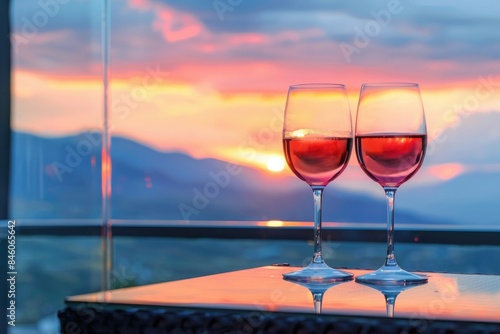 Two glasses of rose wine on the table against a sunset sky with a mountain view from a modern luxury hotel balcony,