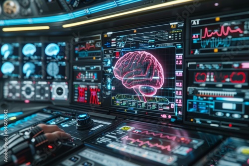 AI control room with holographic screens, high tech digital illustration, vibrant colors, artificial intelligence concept 