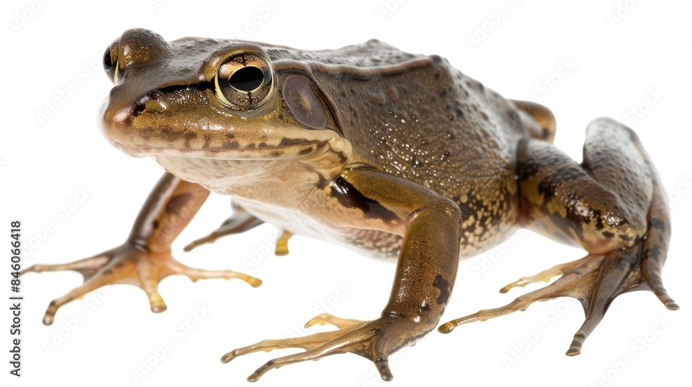 Proud green frog on a white background, captivating gaze draws you in, showcasing slimy skin and expressive eyes. Perfect for herpetology or wildlife lovers Proud green frog on a white background, captivating gaze draws you in, showcasing slimy skin and expressive eyes. Perfect for herpetology or wildlife lovers