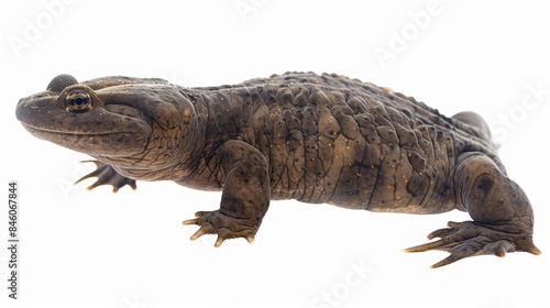Japanese giant salamander showcasing its mottled brown and black skin against a clean white backdrop photo