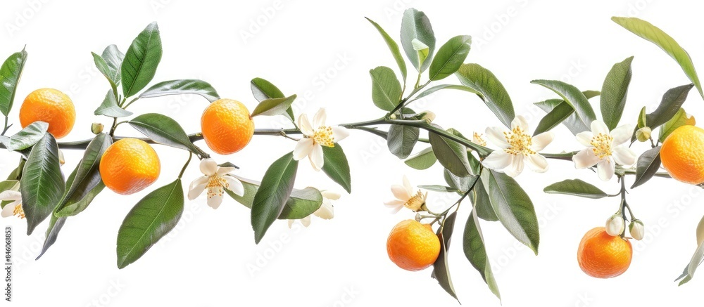 An orange or tangerine tree branch showcasing fruits and flowers, set against a white background. An orange or tangerine tree branch showcasing fruits and flowers, set against a white background.