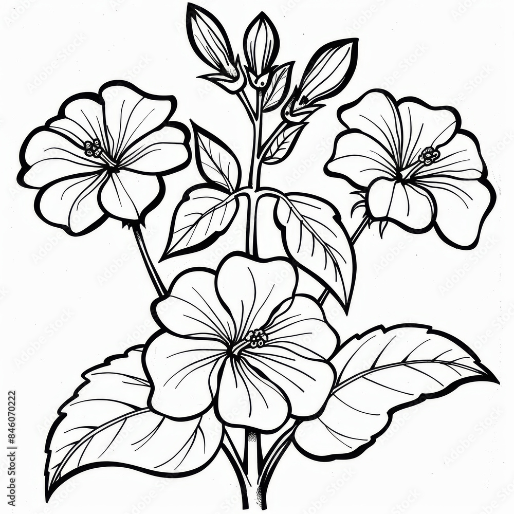 Simple botanical illustration of blooming flowers with leaves in an outline style. Simple botanical illustration of blooming flowers with leaves in an outline style.