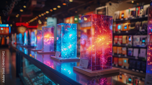 A row of colorful holographic displays on a glass countertop in an electronics store.