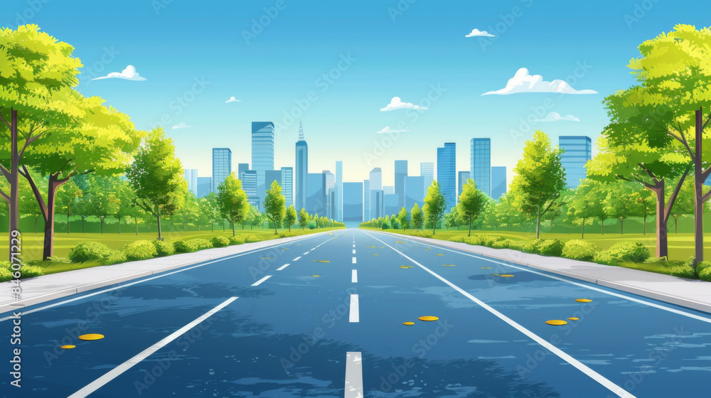 Illustration of an empty road flanked by trees, leading towards a modern city skyline under a clear blue sky. Illustration of an empty road flanked by trees, leading towards a modern city skyline under a clear blue sky.