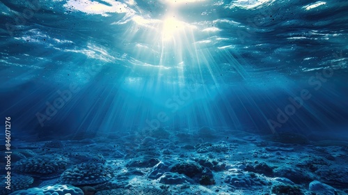 Underwater Deep Blue Sea and Sunlight Ray shining under the sea Summer background concept