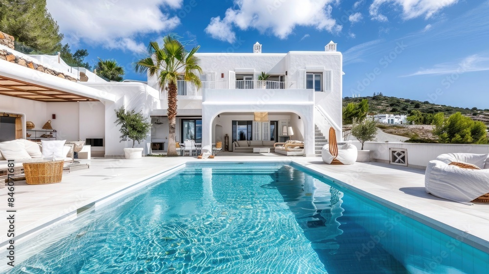 White luxury villa with swimming pool. Mediterranean Vacation