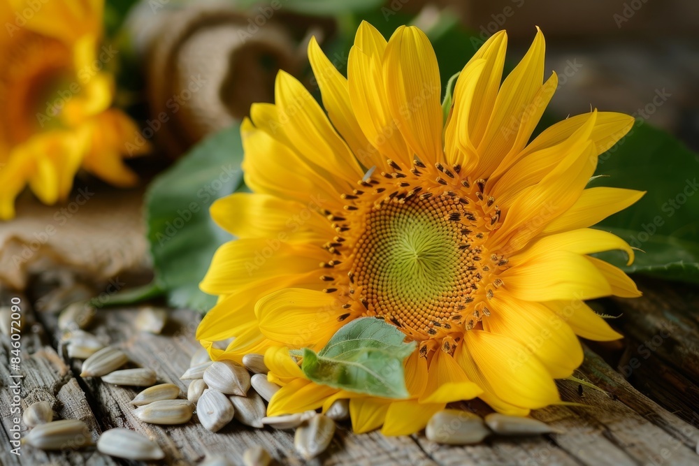 Sunflower seeds and vibrant sunflower blossom elegantly displayed on a rustic wooden table Sunflower seeds and vibrant sunflower blossom elegantly displayed on a rustic wooden table