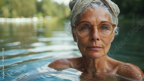 Close-up of a mature woman with blue eyes and silver hair submerged in water wearing stylish eyeglasses © familymedia