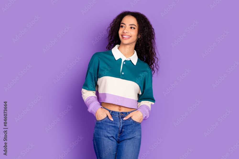 Fototapeta premium Photo of nice young girl look empty space wear shirt isolated on violet color background