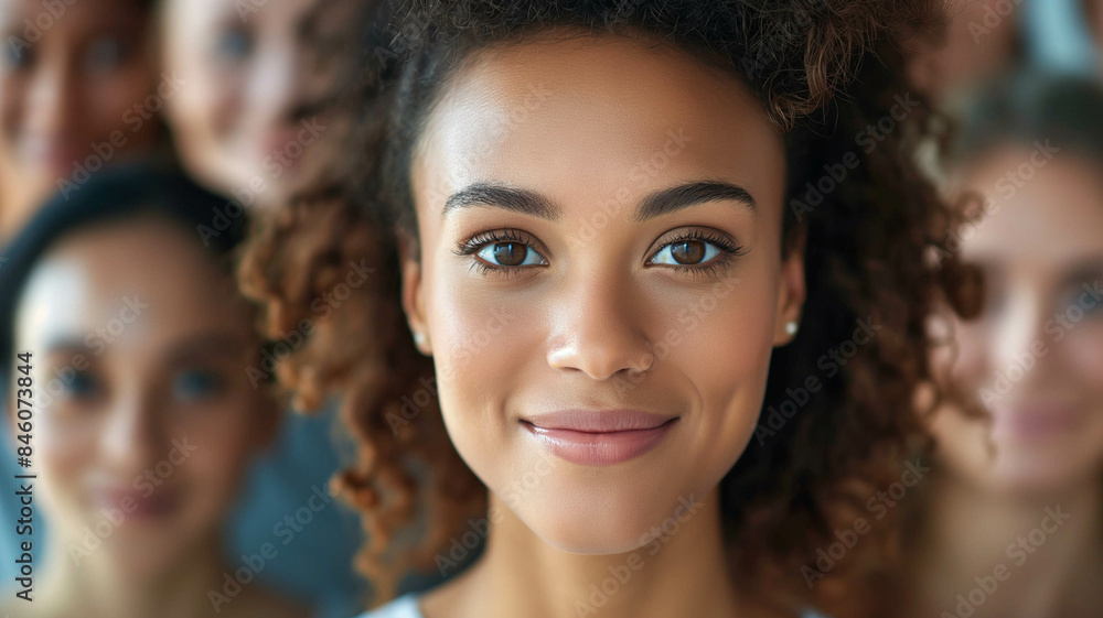 Close-up portrait of a young woman with curly hair and radiant skin, smiling confidently amidst a blurred background of people, highlighting beauty, confidence, and diversity. Generative AI. Close-up portrait of a young woman with curly hair and radiant skin, smiling confidently amidst a blurred background of people, highlighting beauty, confidence, and diversity. Generative AI.