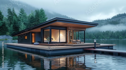 Exterior view of a floating house with dock © sania