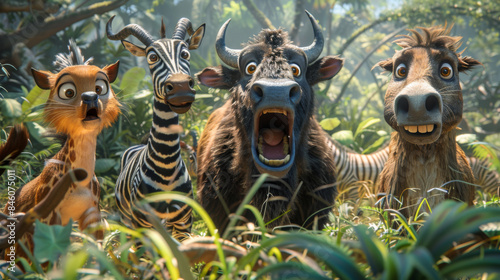 Fototapeta Naklejka Na Ścianę i Meble -  Group of animated animals including a zebra and buffalo, displaying various expressions in a vibrant jungle environment.