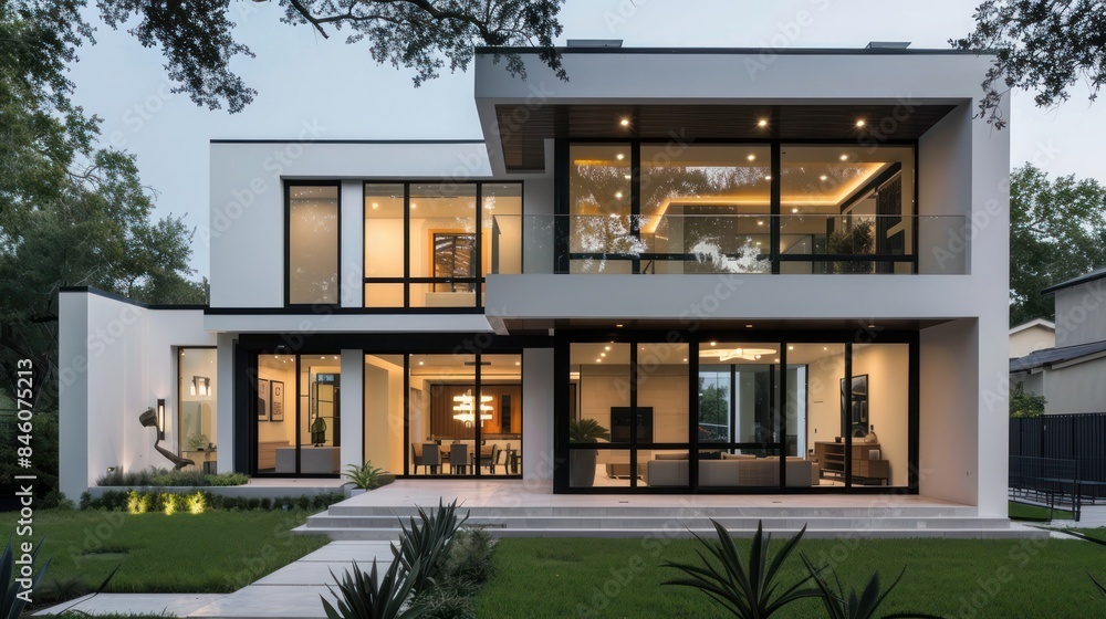 Two-story modern contemporary style house design facade, with wide glass windows and warm lighting. 3D render Two-story modern contemporary style house design facade, with wide glass windows and warm lighting. 3D render