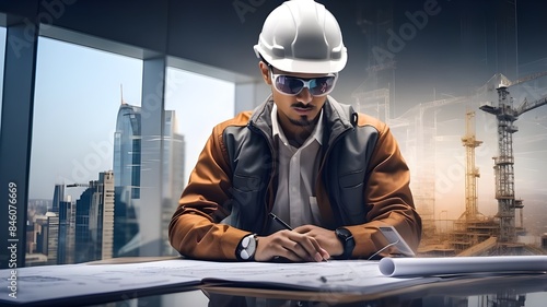 With double exposure graphic design, future building construction engineering projects will be dedicated to. An architect, building engineer, or construction worker utilizing contemporary civil equipm photo