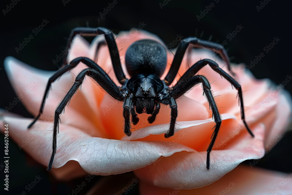Fototapeta premium Big black spider resting on vibrant pink rose against dramatic dark background