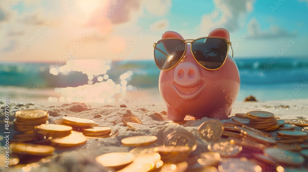 Pink piggy bank with sunglasses relaxing on a beach in summer next to ...