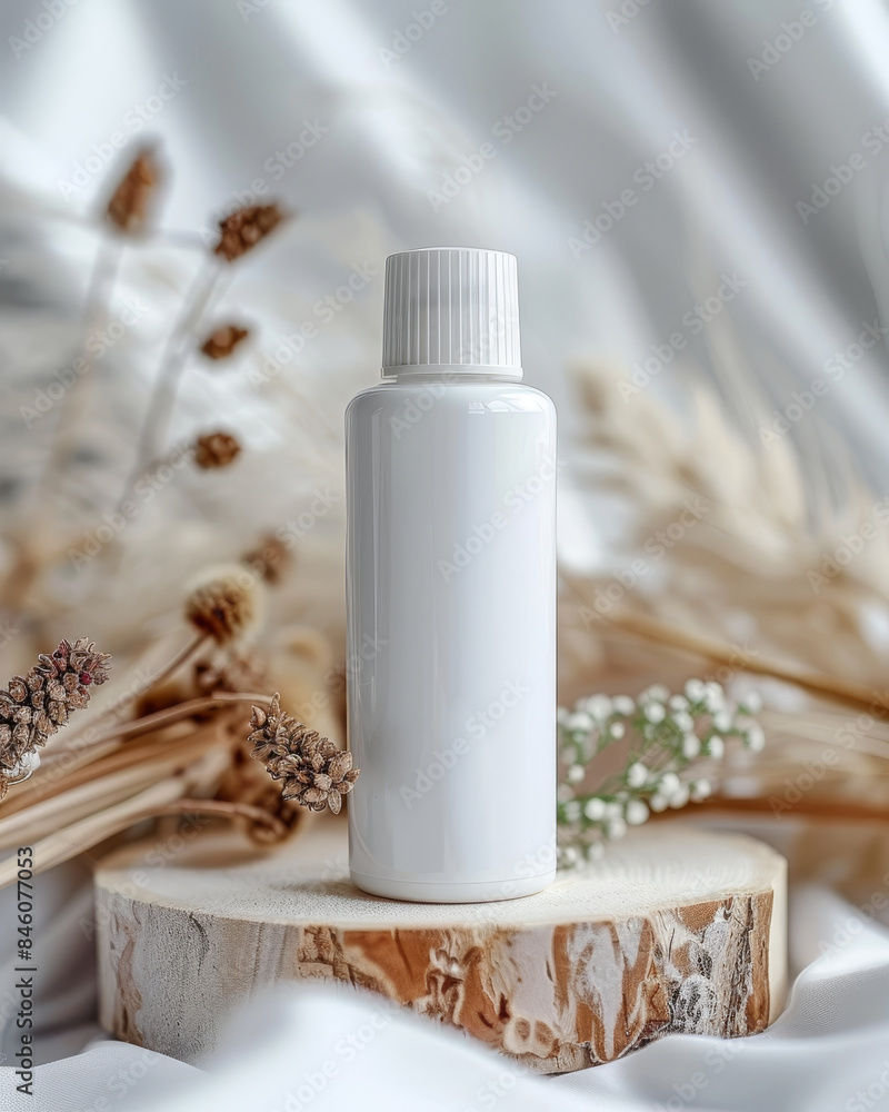 White makeup bottle on board with green branch, close-up interior home scene White makeup bottle on board with green branch, close-up interior home scene