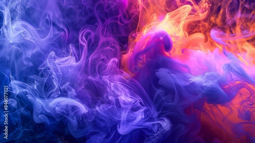 Vivid hues of purple orange and blue blend together in a mesmerizing and otherworldly display of fluorescent smoke art.