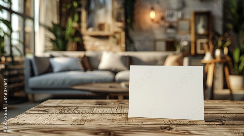 Minimalist greeting card mockup on a wooden table, with a cozy home background and ample space for text Minimalist greeting card mockup on a wooden table, with a cozy home background and ample space for text