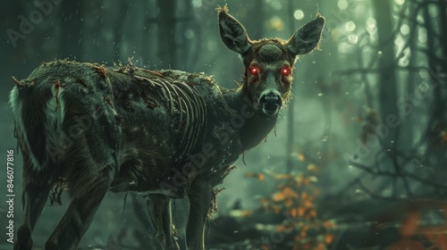 A decaying deer with glowing red eyes stands in a dark forest. photo