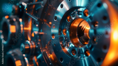 Closeup shot of a spinning flywheel showcasing rotational momentum and energy storage. Concept Rotational Dynamics, Mechanical Engineering, Energy Transfer, Flywheel Applications 