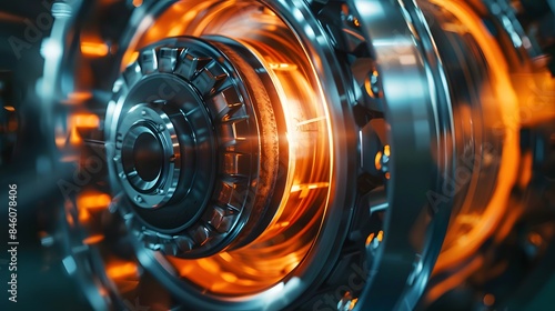 Closeup shot of a spinning flywheel showcasing rotational momentum and energy storage. Concept Rotational Dynamics, Mechanical Engineering, Energy Transfer, Flywheel Applications  © Ziyan