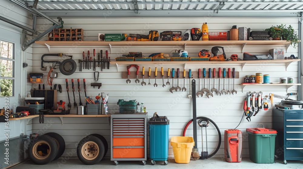 Bright and clean garage organization, showcasing tools and equipment neatly stored, minimalistic design, isolated on a white background. The setup emphasizes order and functionality.
Bright and clean garage organization, showcasing tools and equipment neatly stored, minimalistic design, isolated on a white background. The setup emphasizes order and functionality.