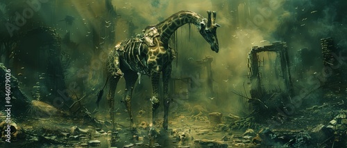 A skeletal giraffe stands amidst a lush, green forest. photo