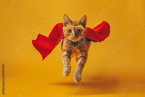 Superhero cat  orange tabby in cape and mask flying in pastel sky, embodies super feline concept © Andrei