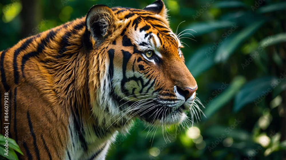 Obraz premium tiger in the wild. The fierce glare of a tiger stands out against the lush green bokeh