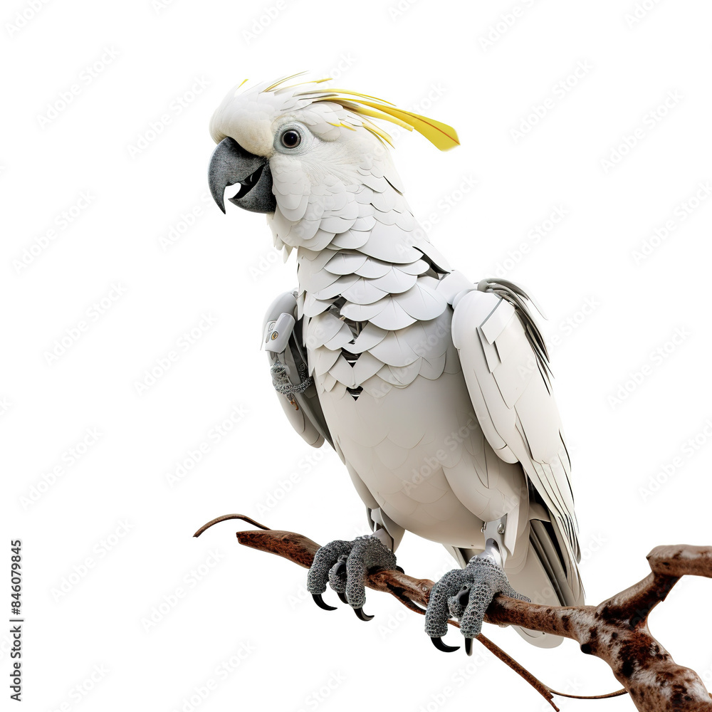 Robots in the future world of a white cockatoo on a white background. Bird. Wildlife Animals.