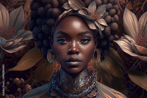 3d rendering of a beautiful African American woman with jewelry and flowers in her hair photo