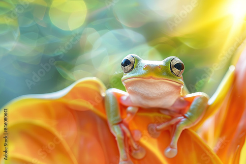 Close-up photo of a bright green tree frog perched on a green leaf, with bulging yellow eyes and sticky fingers.